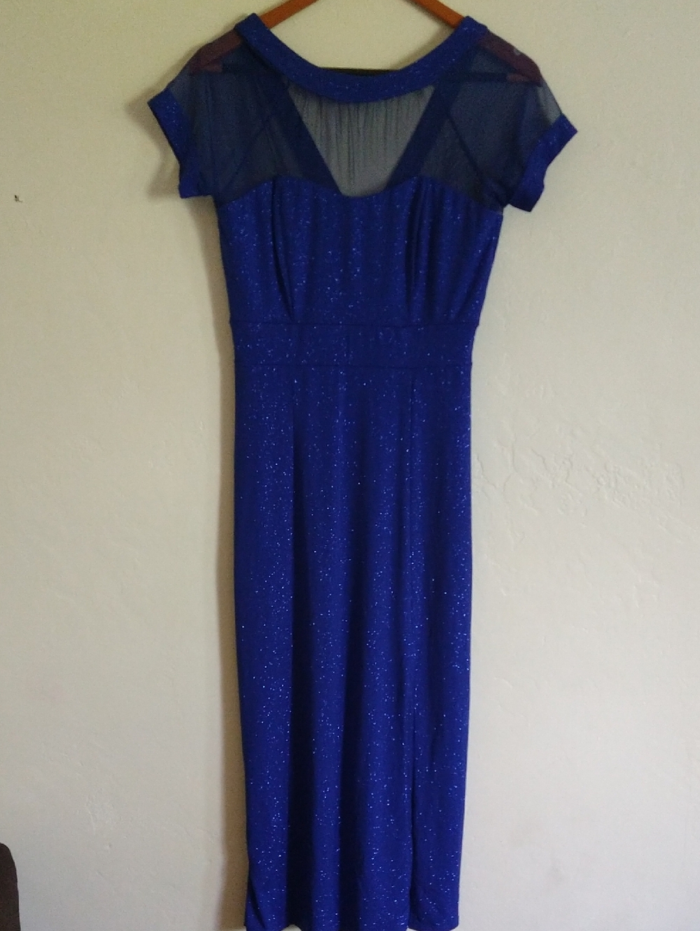 Enfocus Petite Elegant Blue Sparkle Maxi Dress with Sheer Yoke Size 6p